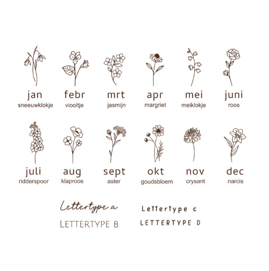Voorbeelden geboortebloemen en lettertype